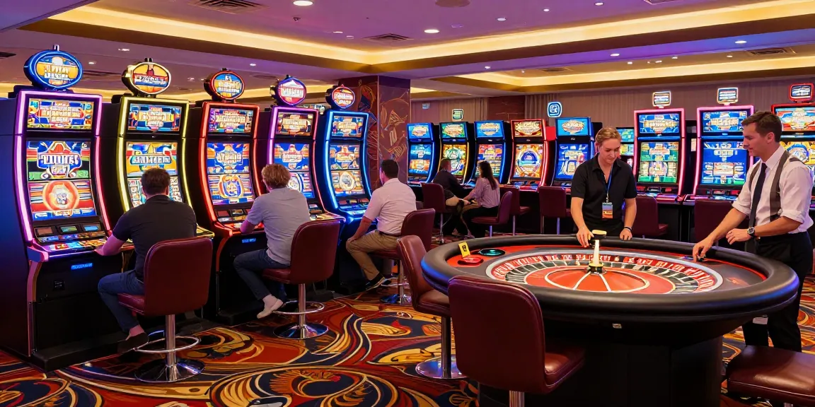 Players enjoying games at Howzit Casino UK with vibrant slot machines and engaging atmosphere.