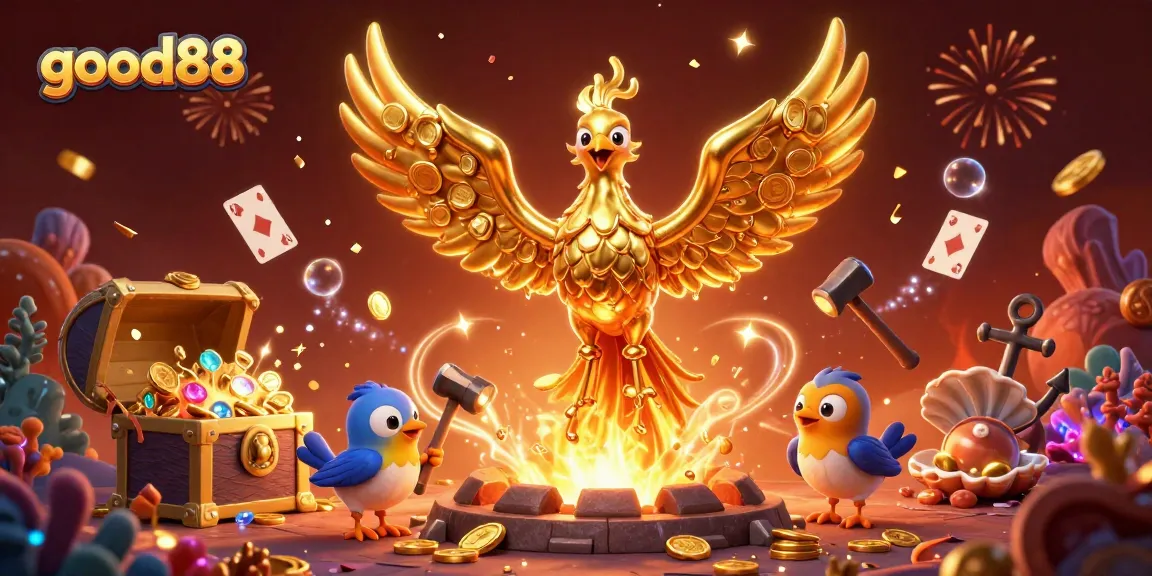 Immerse in the vibrant action of good88 with golden phoenix and a treasure-filled ocean.