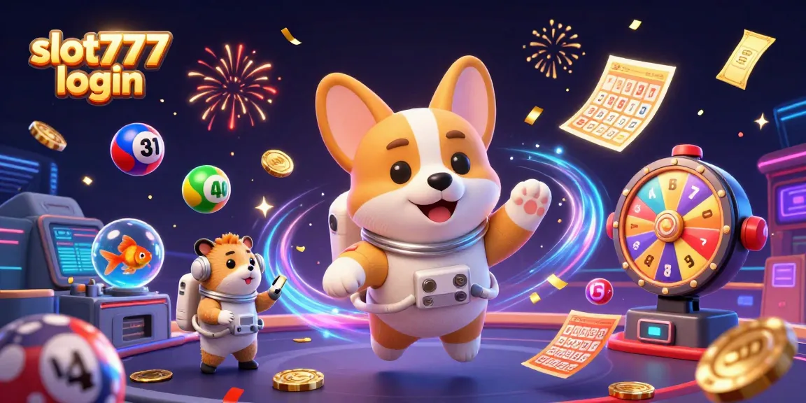 Engage with the vibrant action at slot777 login with an astronaut corgi, floating casino elements, and colorful lottery balls.