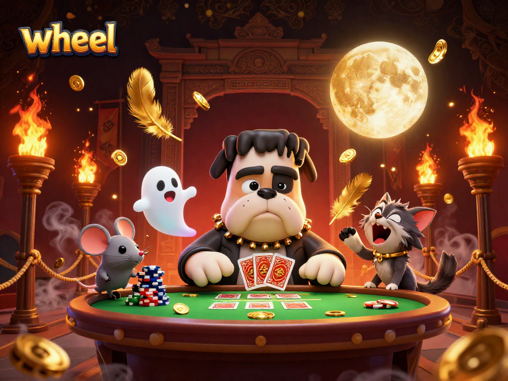 Place bets in thrilling wheel games at a vibrant casino scene featuring unique characters.