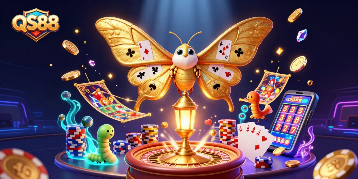 Experience thrilling games at QS88 with vibrant illustrations of casino elements and animated lottery symbols.