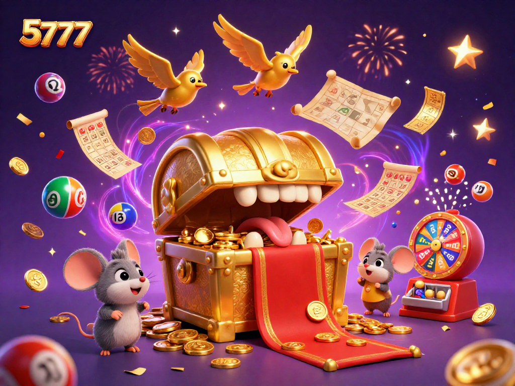 Experience the thrill of winning at 5777 with festive lottery balls, treasure chests, and rich gaming elements.
