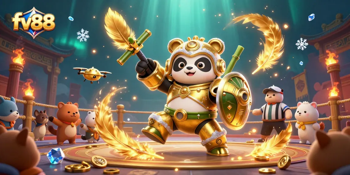 Engage with the thrilling fv88 casino experience featuring a mech-suit panda in a vibrant arena.