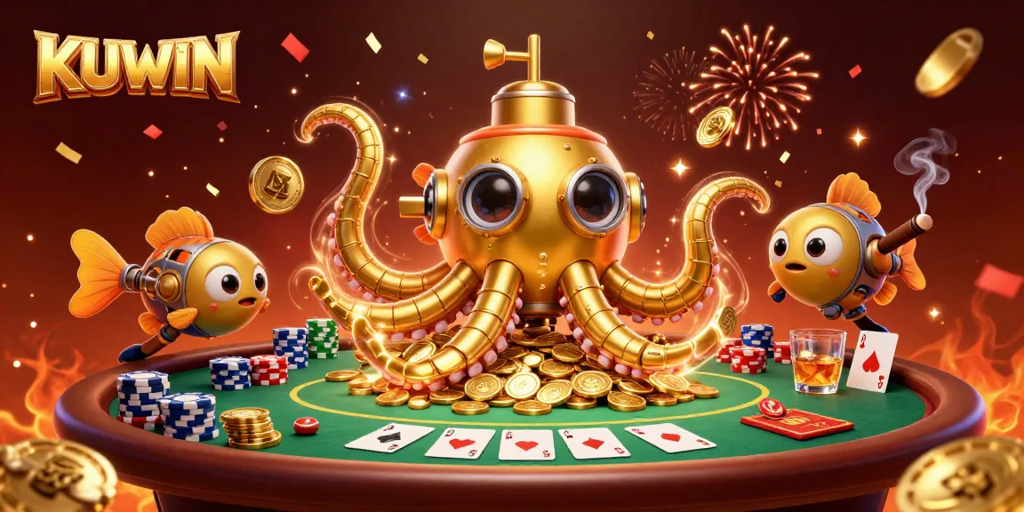 Experience thrilling gaming action at KUWIN with a dynamic 3D casino scene featuring poker elements and a golden kraken.