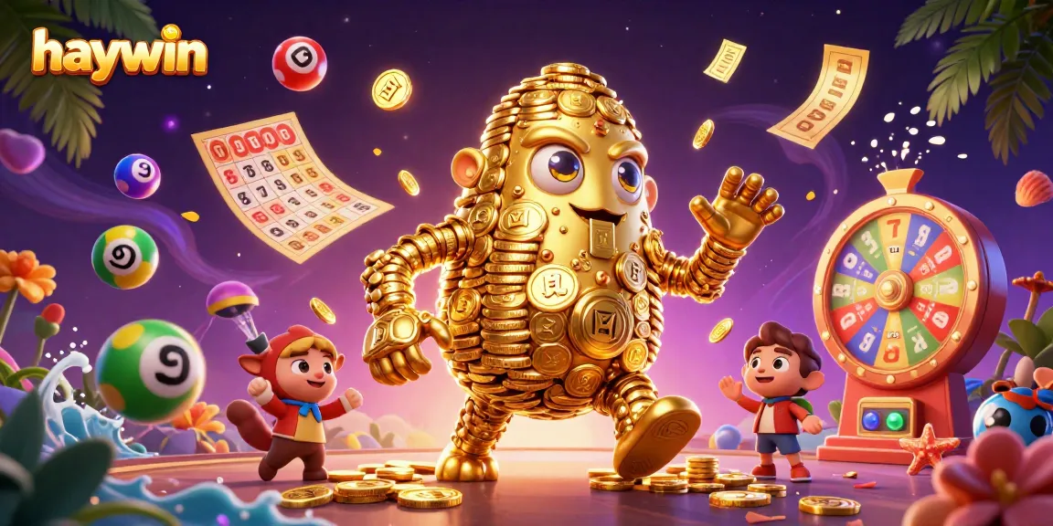 Experience excitement at Haywin with vibrant lottery elements and a golden golem symbolizing prosperity.