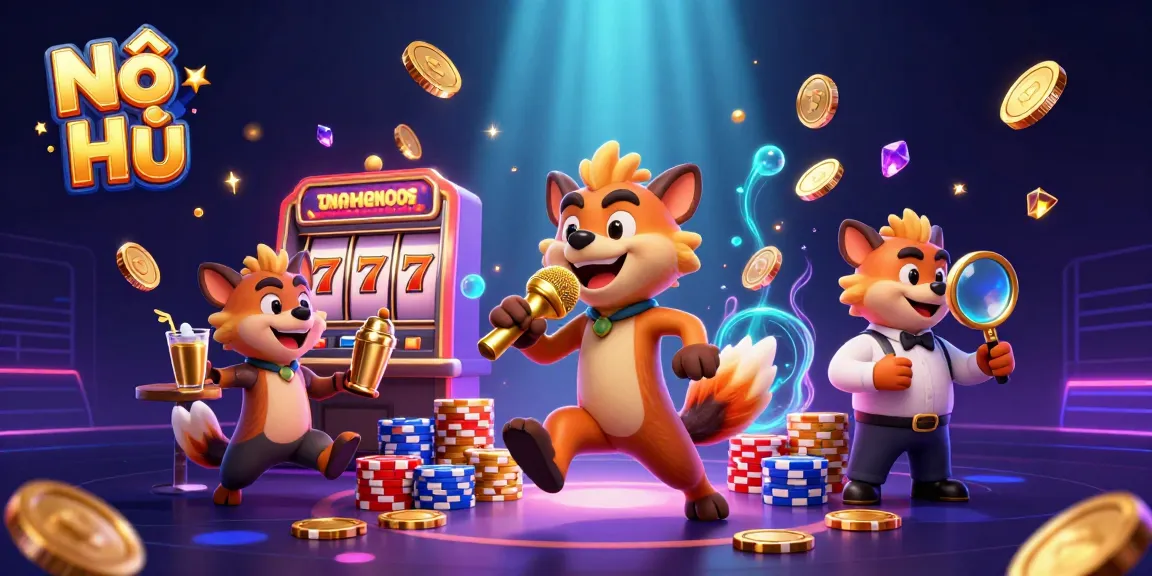 Nổ Hũ themed 3D cartoon scene of hyenas enjoying casino fun with golden coins and slots.
