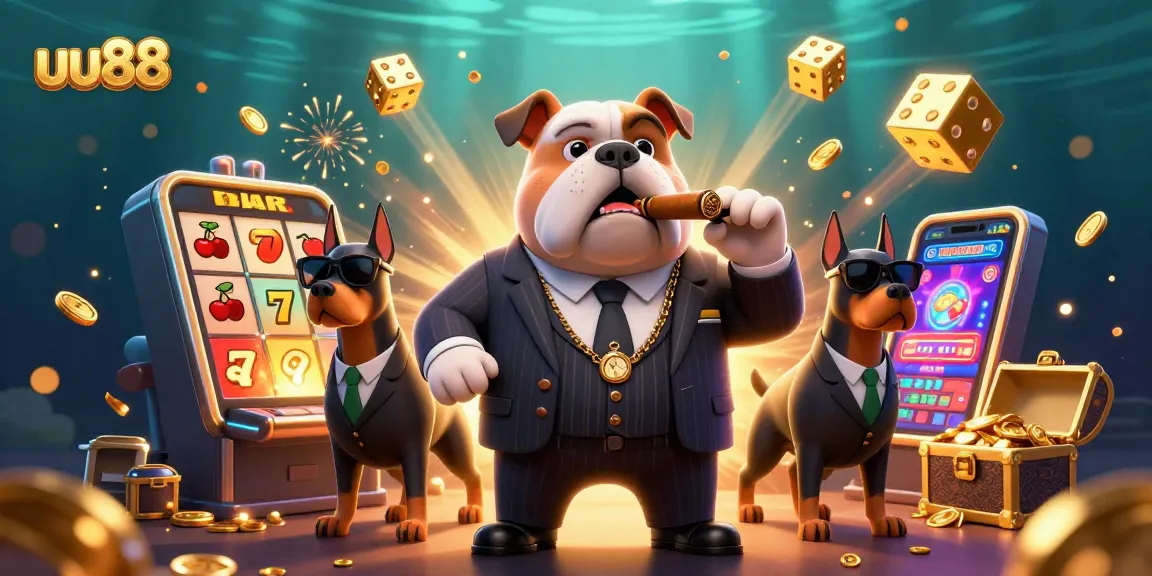 Spin and win with uu88's vibrant casino illustration featuring slot symbols and dogs.