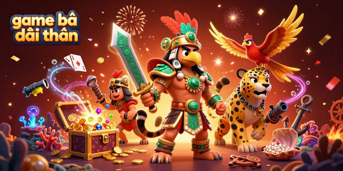 Engage in game bài đổi thưởng with dynamic 3D characters and rich casino elements in vibrant illustration.