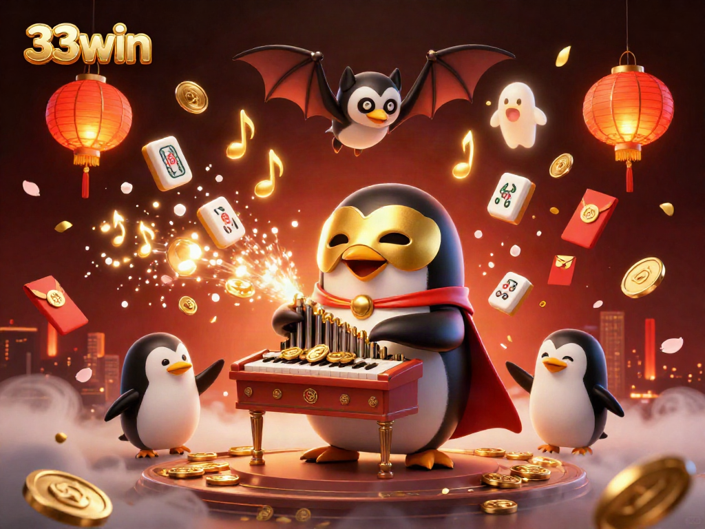 Experience thrilling entertainment with 33win's vibrant casino scene featuring a penguin organist.