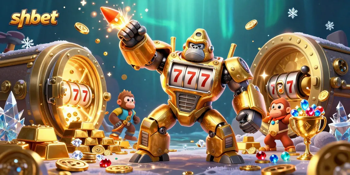 Experience thrilling wins at shbet with a golden gorilla mech amidst treasures and casino vibes.