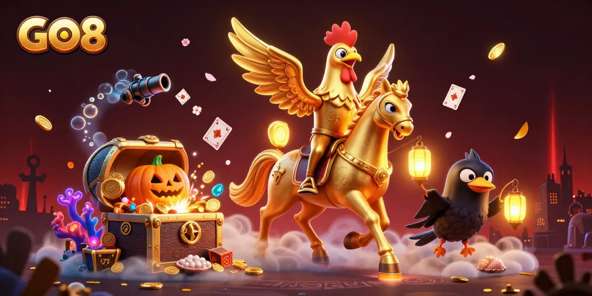Experience exciting games at GO8 with a dynamic illustration of a golden rooster and casino elements.