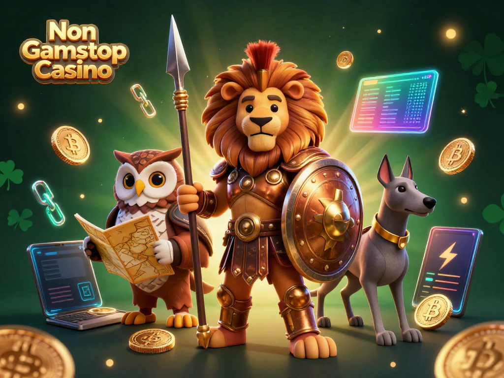 Engage with the thrilling Non Gamstop Casino scene featuring a heroic Spartan lion, wise owl, and swift greyhound amidst vibrant gaming elements.