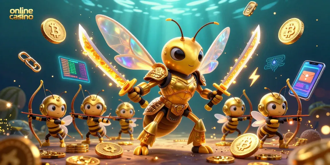 Engage with an online casino scene featuring a golden hornet samurai amidst crypto coins and gaming elements.
