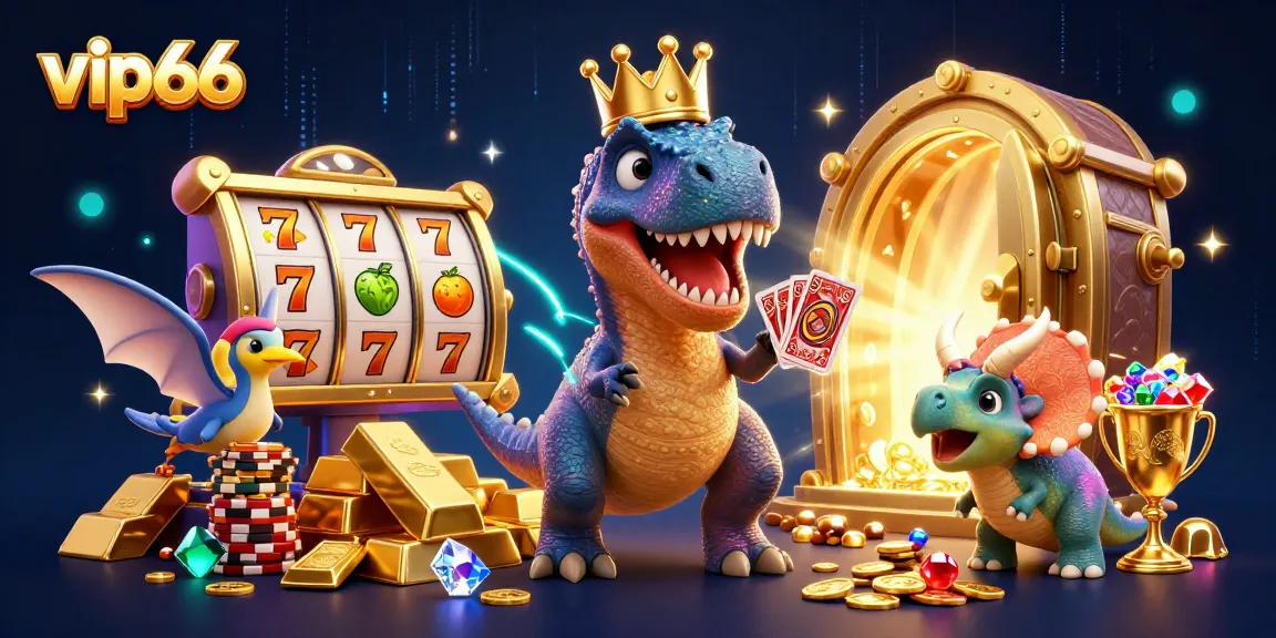 Join the adventure with vip66 as a T-Rex shuffles cards amidst slot reels and treasure!
