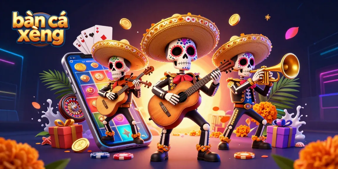 Engage in bắn cá xèng with the thrilling 3D cartoon mariachi band amidst vibrant gambling elements.