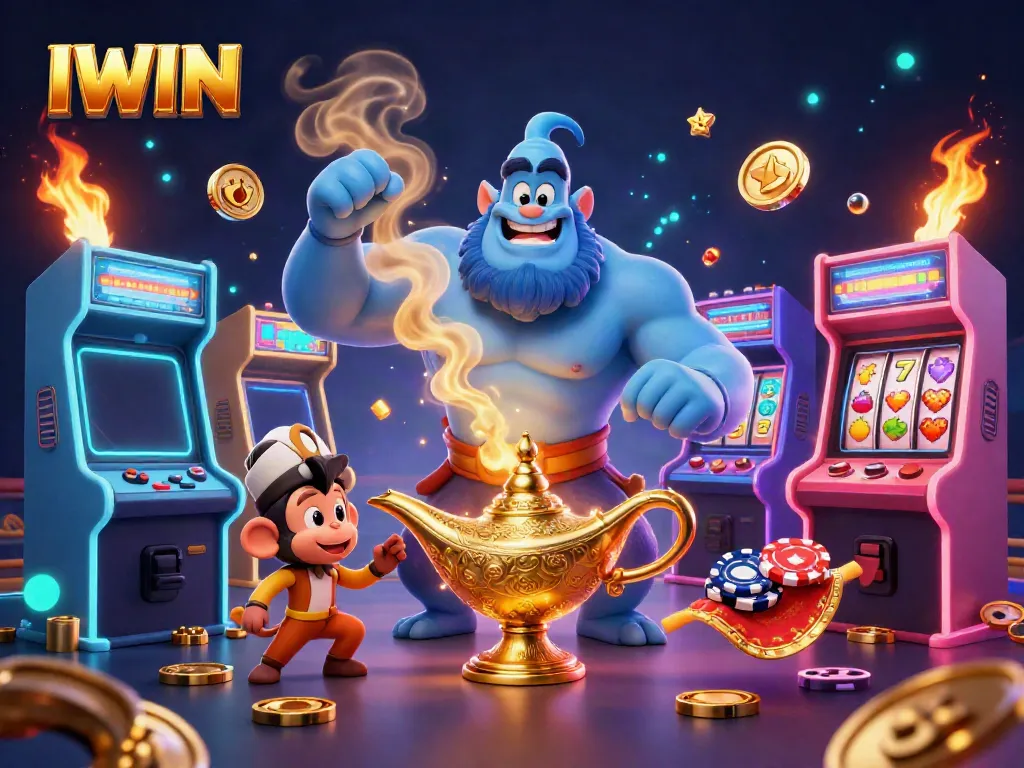 IWIN transports you to fun with a vibrant scene of casino elements and characters.