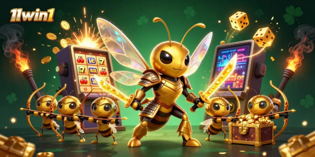 Engage in thrilling action with 11win1's epic jackpot adventure featuring 3D hornet warriors.