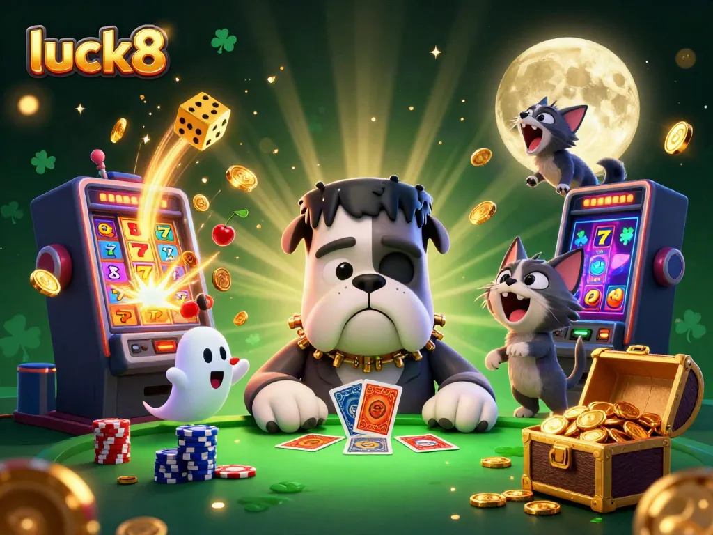 Experience high-stakes gaming at luck8 with a whimsical 3D scene featuring a monster dealer and vibrant casino elements.