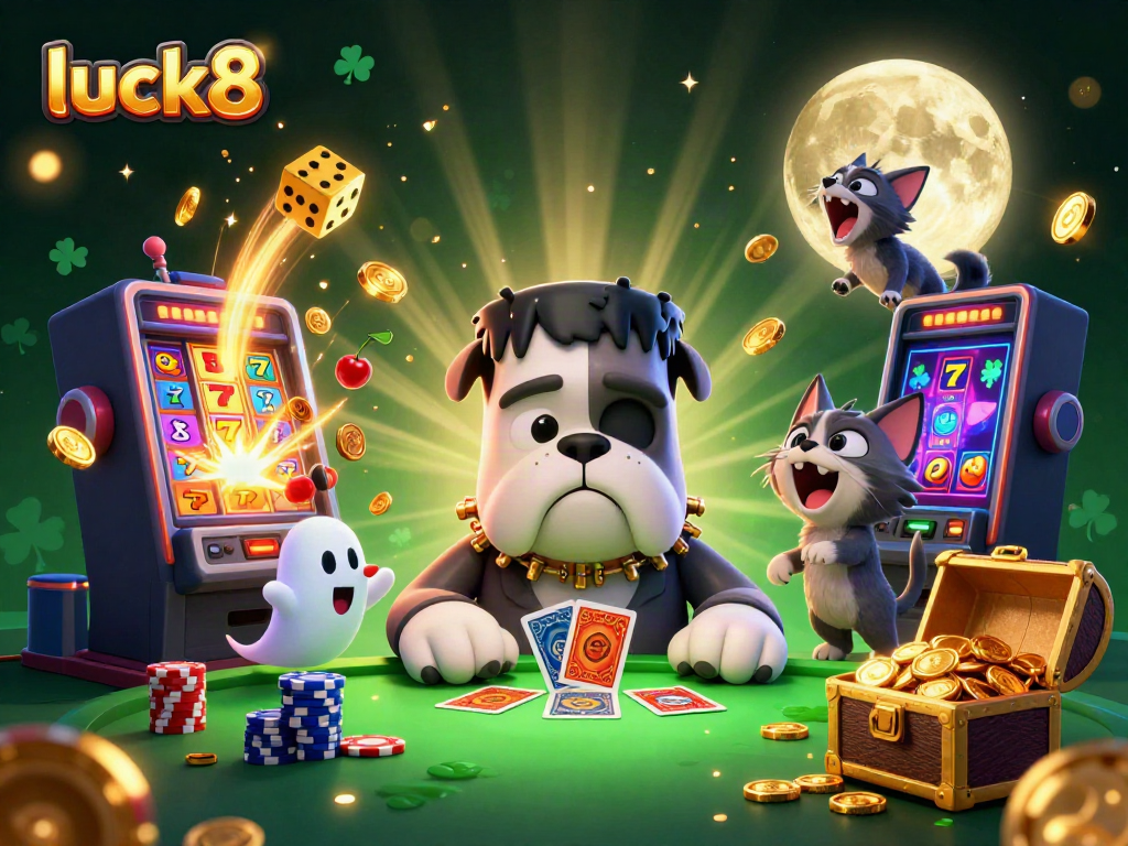 Experience high-stakes gaming at luck8 with a whimsical 3D scene featuring a monster dealer and vibrant casino elements.