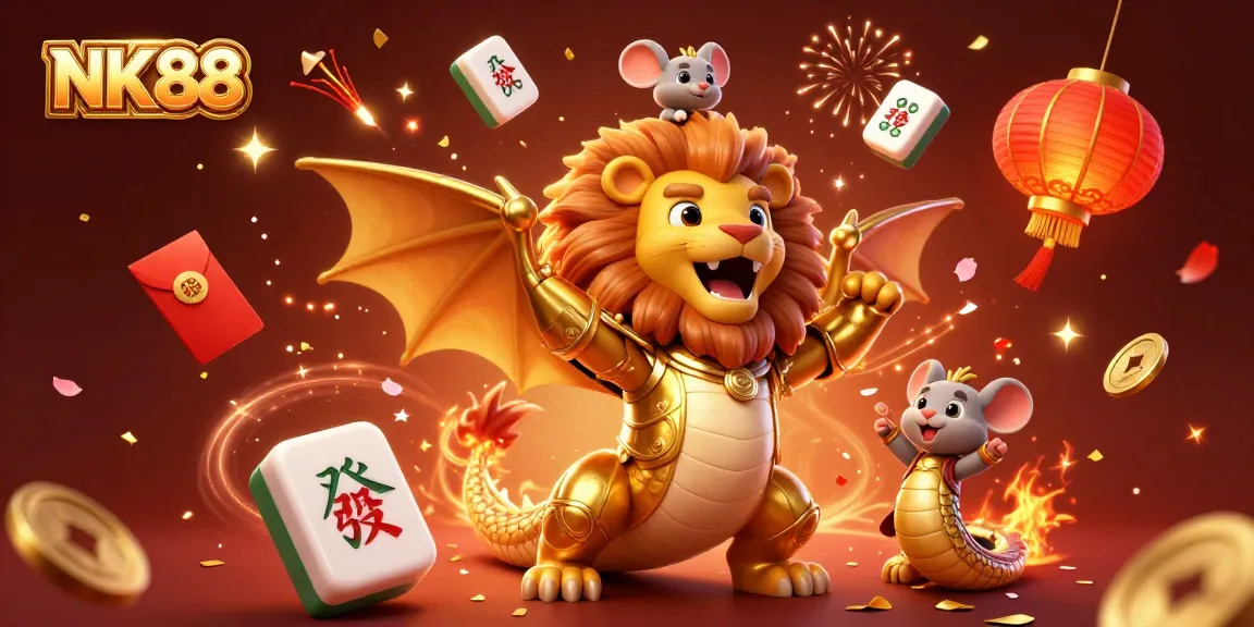 Experience the thrilling vibrancy of NK88 casino games with a dynamic chimera and festive elements.