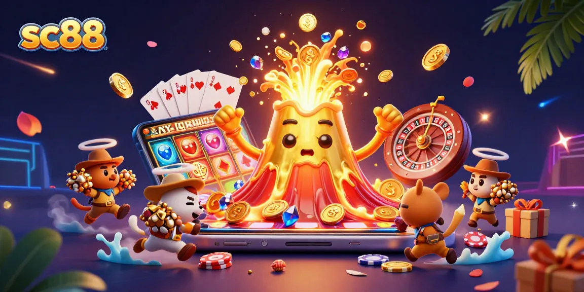 Experience exciting gameplay with sc88—golden volcano treasures erupting in a dynamic casino scene.