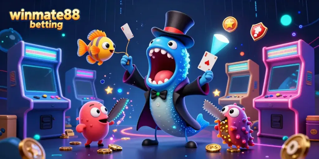 Experience the excitement of winmate88 betting with vibrant casino-themed 3D art featuring animated sea creatures.