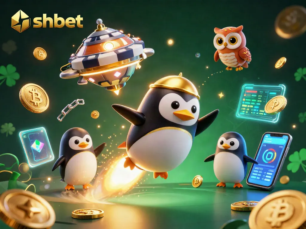 Experience shbet's thrilling adventure with a golden penguin racing toward a vibrant casino in space.