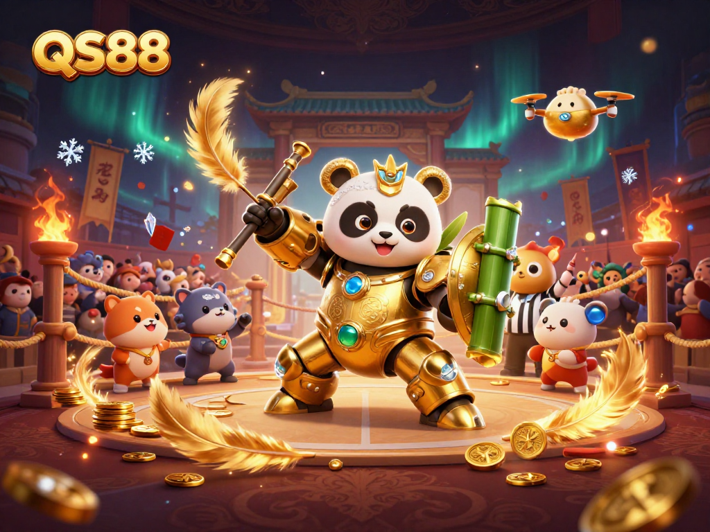 Engage in thrilling gameplay with QS88 featuring a mech-suit panda battling in a vibrant casino arena!
