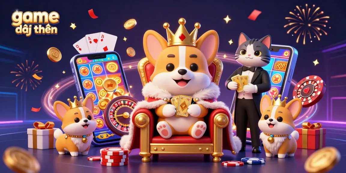 Engage with game đổi thưởng in a vibrant casino scene featuring a royal corgi and colorful gaming elements.