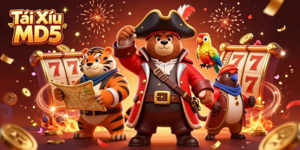 Tài Xỉu MD5 showcases a vibrant scene with a pirate bear, tiger first mate, and gold coins for an engaging online gambling experience.
