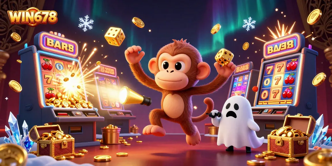 WIN678 online casino features a playful ghost monkey juggling golden items amidst a vibrant slot machine jackpot.