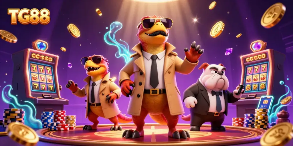 Experience the thrill of TG88 with animated raptors entering a VIP casino, bursting with excitement.