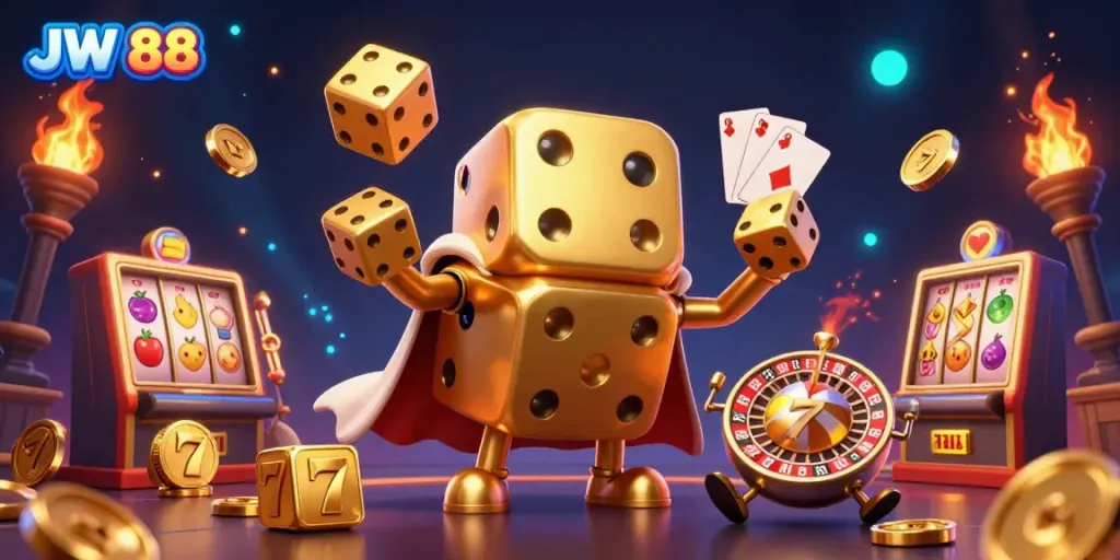 Experience gambling excitement with JW 88 in a dynamic 3D scene featuring a golden dice golem and slot elements.