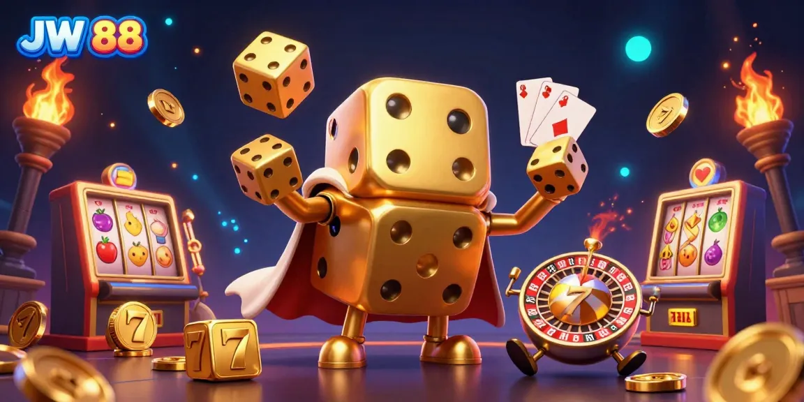 Experience gambling excitement with JW 88 in a dynamic 3D scene featuring a golden dice golem and slot elements.