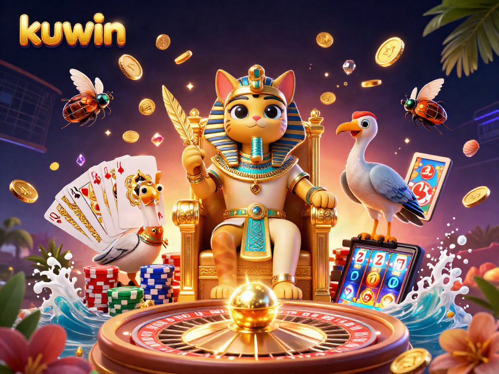 Experience thrilling kuwin gameplay with an Egyptian pharaoh cat and treasures in this vibrant scene.
