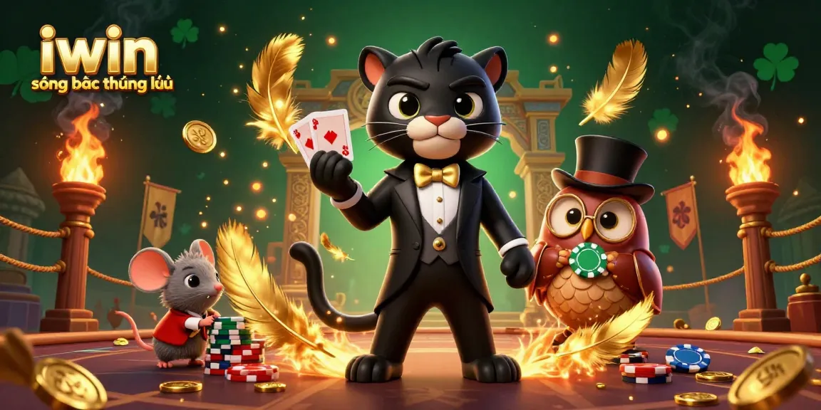 Engaging scene at iwin sòng bạc thượng lưu featuring a stylish panther dealing cards with owl and mouse in a casino atmosphere.