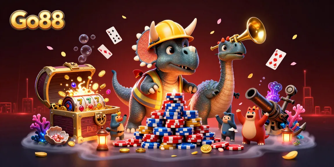 Experience the thrill of Go88 as cartoon dinosaurs celebrate amidst a vibrant casino scene filled with golden treasures and lively gambling elements.