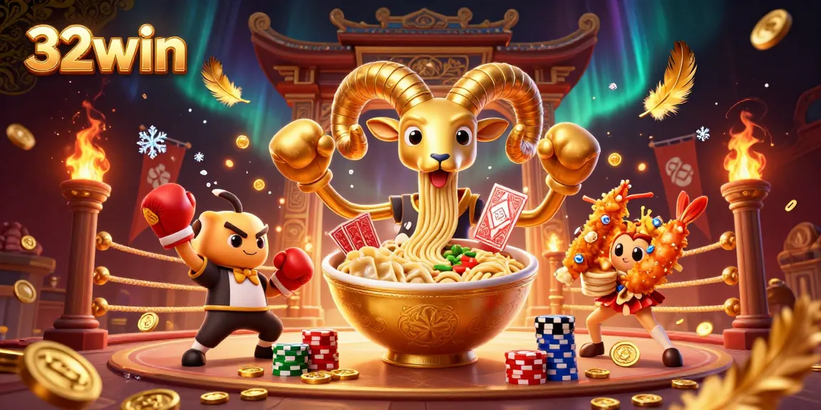 Engage in gaming at 32win with vibrant 3D illustration featuring lively casino characters.