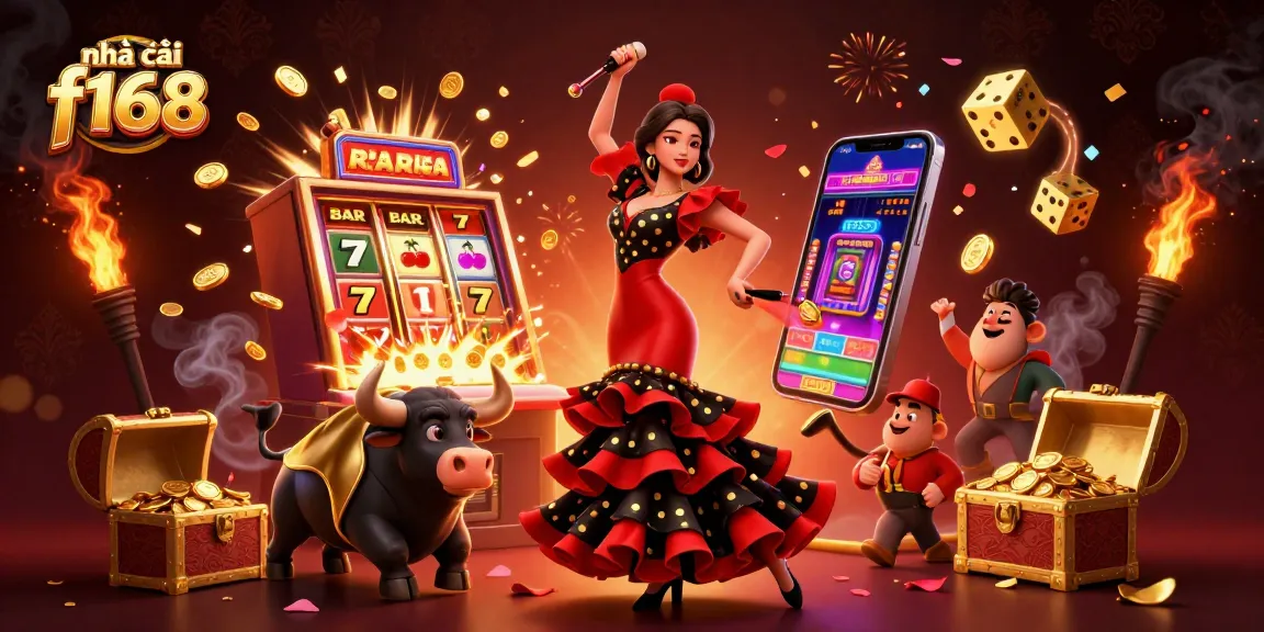 Experience the thrill of nhà cái f168 with an energetic scene featuring dynamic casino elements, slots, and a vibrant atmosphere.