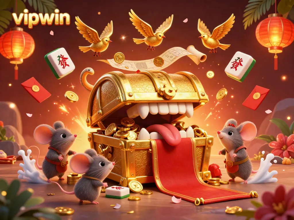 Engaging adventurer mice discover treasures at VIPWIN, surrounded by festive elements.