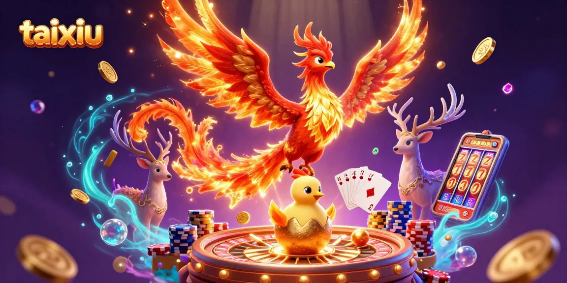 Experience taixiu excitement with a phoenix and mystical stag amidst casino treasures.
