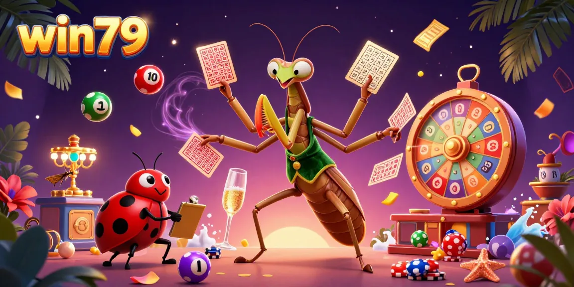 Experience the excitement of win79 with a lively 3D cartoon casino scene featuring a mantis dealer and ladybug pit boss.