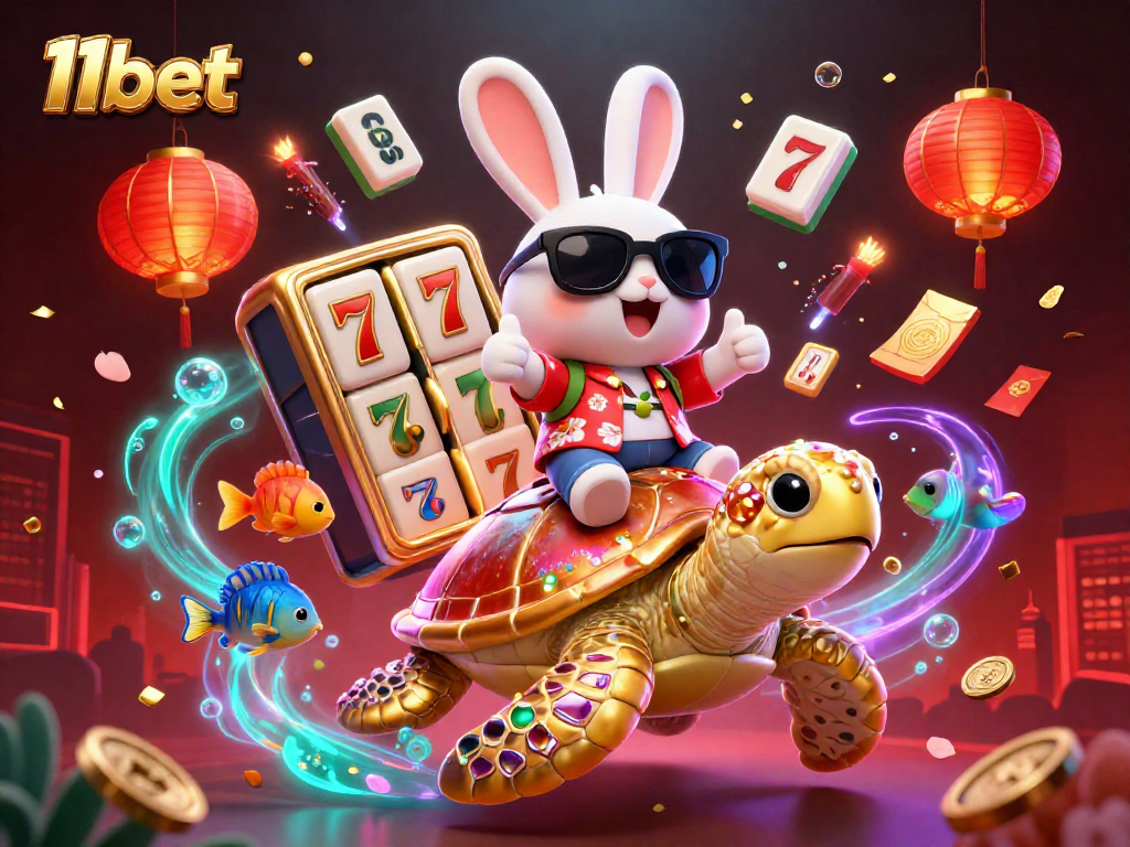 Engage with thrilling gameplay at 11bet with a cartoon rabbit and sea turtle amidst lively casino elements.