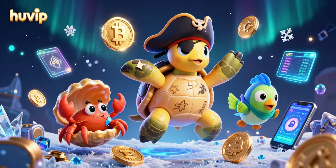 Engage in thrilling gameplay at Huvip, showcasing vibrant 3D characters and crypto elements.