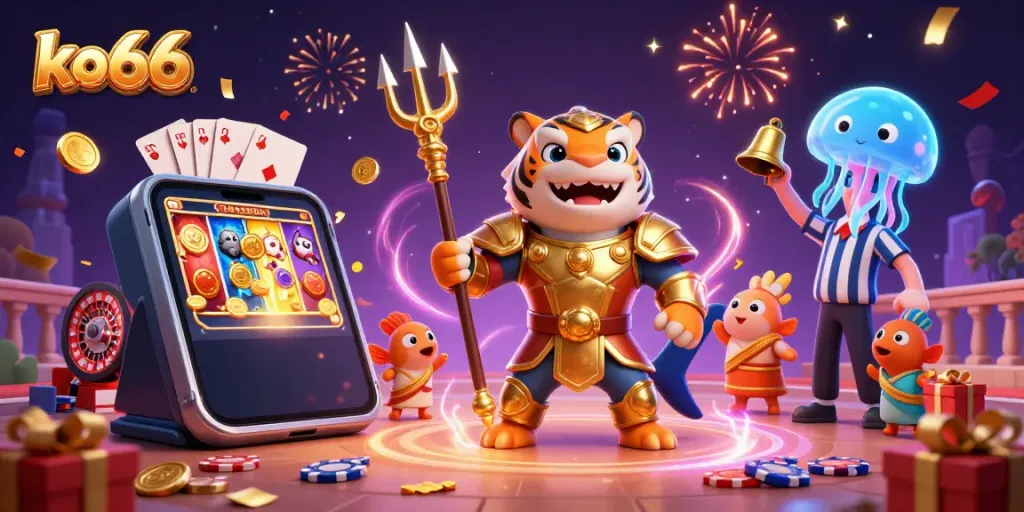 Experience the thrilling KO66 casino scene excitement featuring a tiger shark gladiator in action.