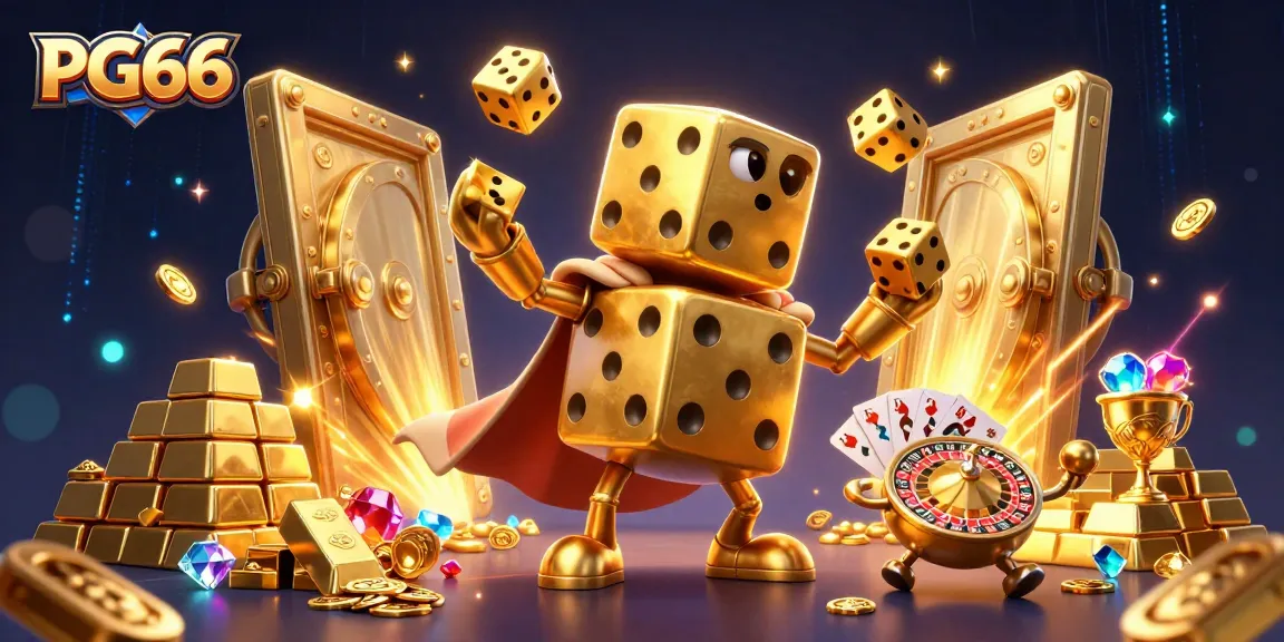 Engage in thrilling gameplay with PG66’s 3D cartoon dice golem and casino treasures.