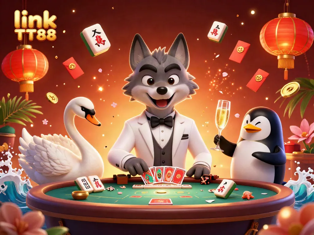 Experience the excitement of link TT88 with engaging characters and vibrant casino elements in this stunning illustration.