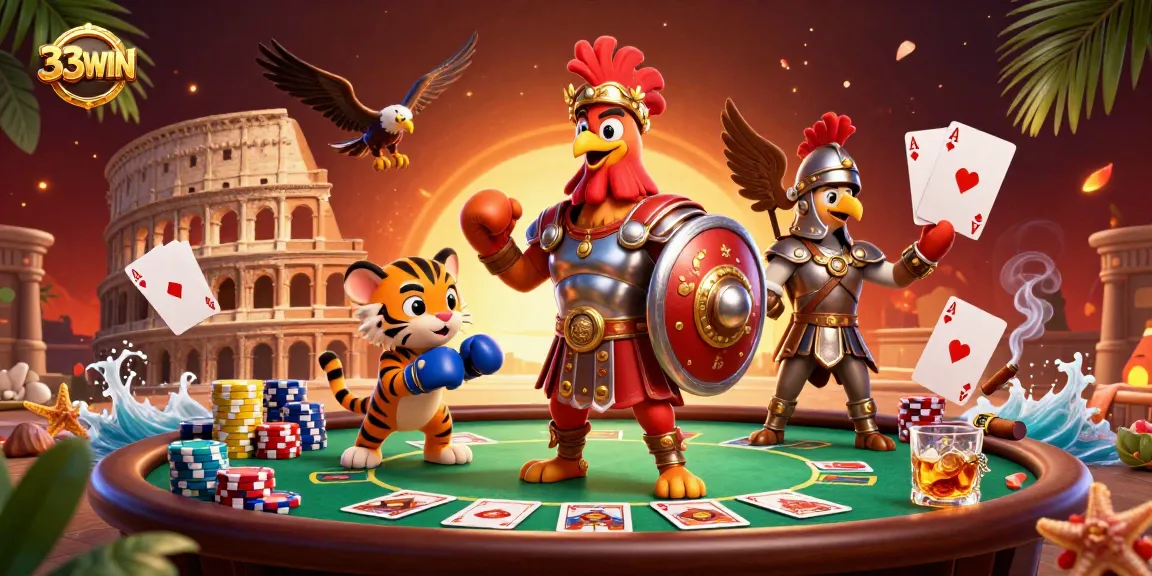 Experience dynamic poker action with the 33WIN gladiator rooster and friends in a grand arena.