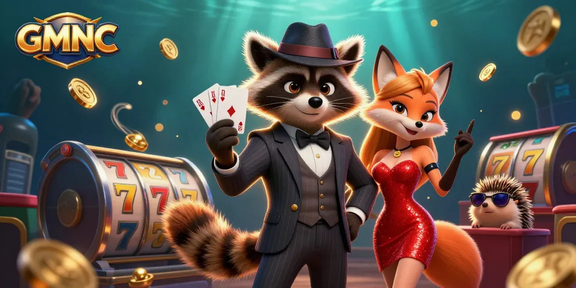 GMNC showcases high-stakes excitement with a raccoon holding a royal flush amidst vibrant casino elements.