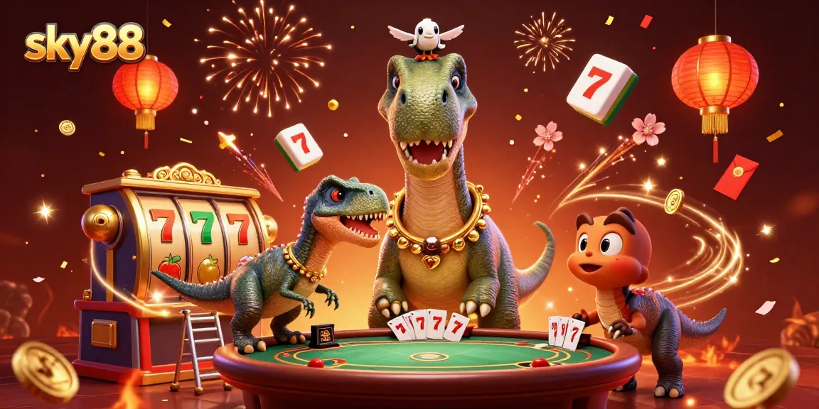 Experience the thrill of sky88 with a dinosaur dealer amidst vibrant casino action.